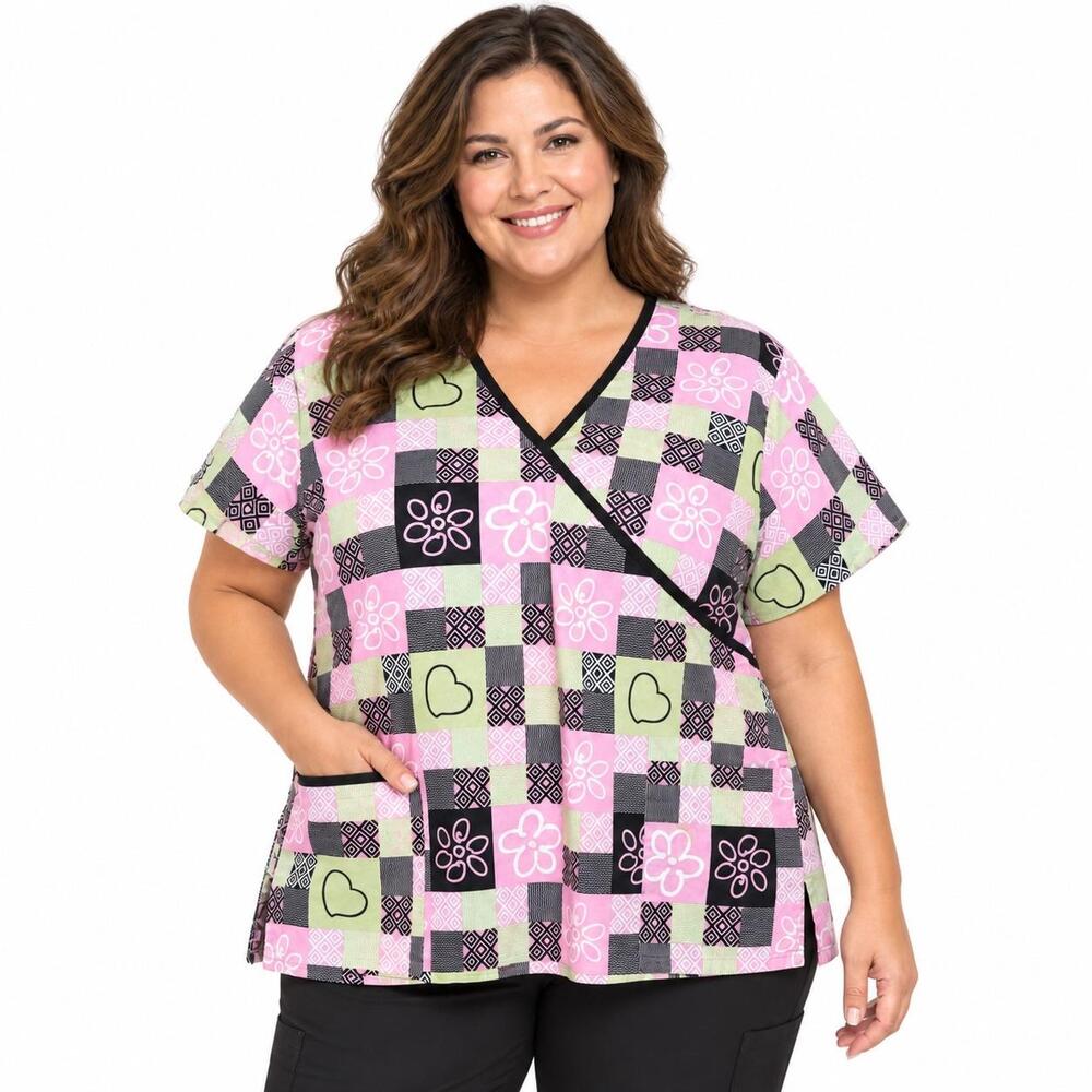 Scrub Studio Scrub Top Womens 2X Pink Heart Flower V Neck Short Sleeve Pockets